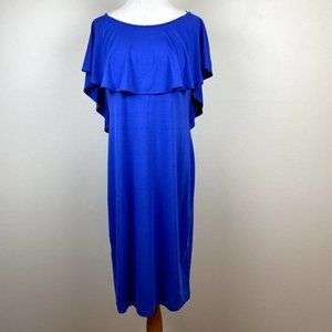 Carmen Marc Valvo Midi Dress XL Blue Off Shoulder Ruffle Bodycon Slim Fit New